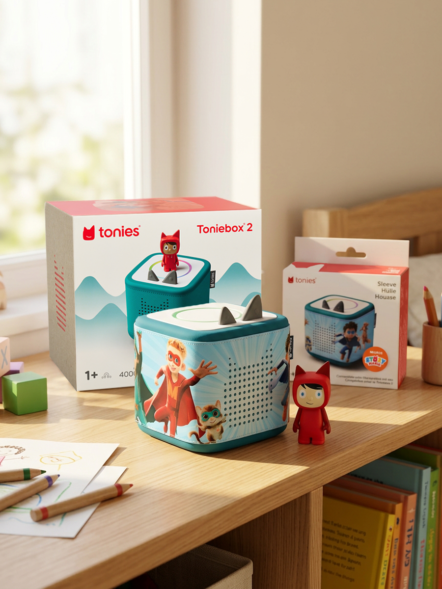 Toniebox auf einem Tisch inklusive Verpackungen und Kreativ-Tonie